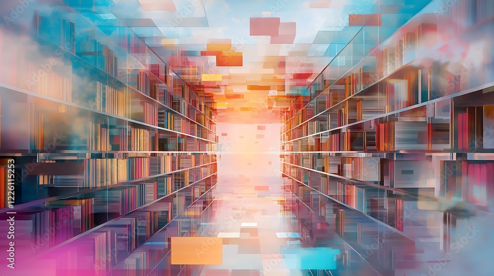 Poster abstract library with colorful floating books