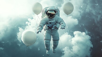 Astronaut floating with balloons in dreamy cloudscape outer space digital art surreal environment aerial view imagination
