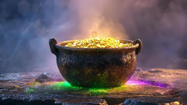 Mystical cauldron overflowing with glowing gold coins in enchanted atmosphere. Happy St. Patrick's Day