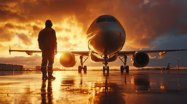 Aerospace engineer observing aircraft at sunset, reflecting on runway. dramatic sky enhances scene emotional depth