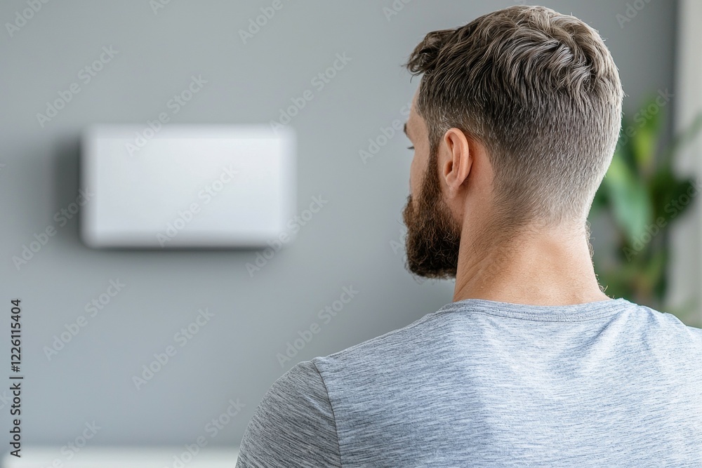 Poster man with a beard is sitting in front of a wall with a white air conditioner