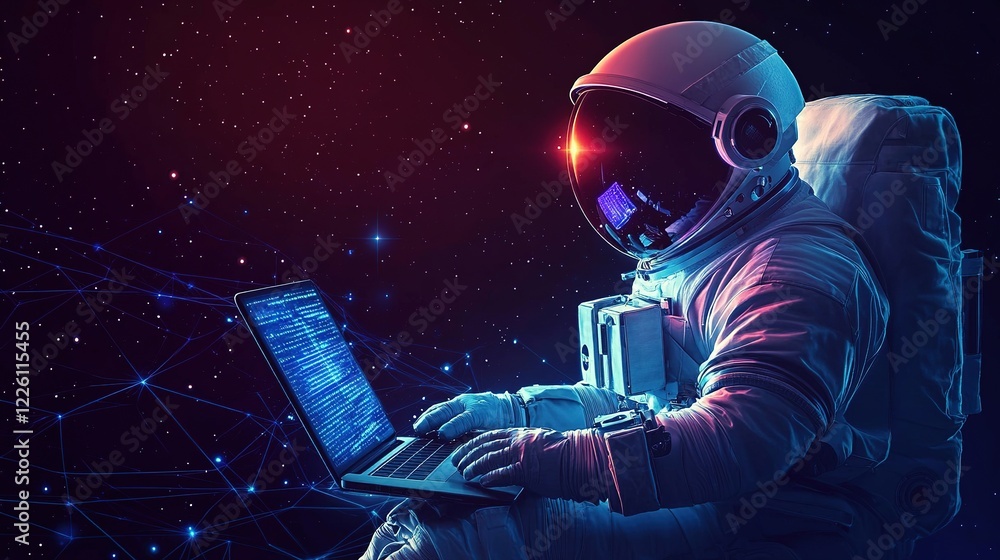 Poster astronaut using laptop in space cosmic setting digital art sci-fi environment futuristic viewpoint