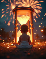 Child Sitting In Awe Before An Illuminated Hourglass At Night Baby New Year
