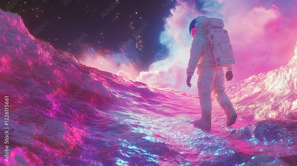 Aufkleber astronaut walking on colorful cosmic terrain outer space digital art surreal environment low angle e