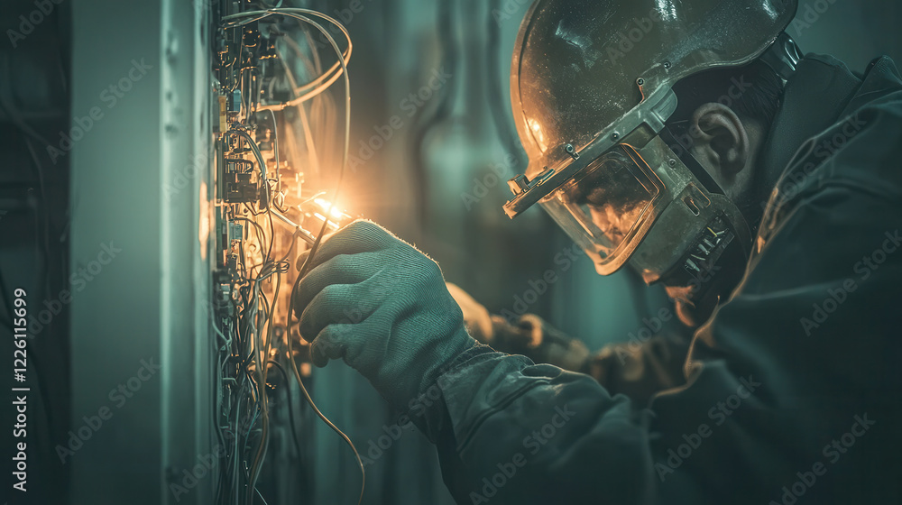 Poster electrician testing circuits with tools in dimly lit environment, showcasing focus and precision
