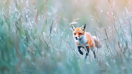 Fototapeta premium Alert Fox in a Soft Meadow Landscape