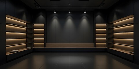 Modern minimalist display shelves with warm lighting