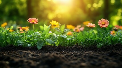 Blooming flowers bathed in warm sunlight grow from rich soil
