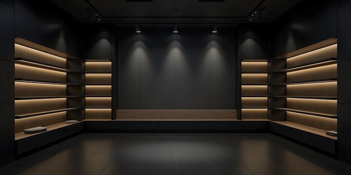 Modern minimalist display shelves with warm lighting