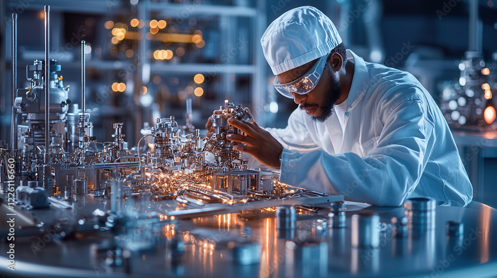Poster engineer examining intricate machinery in laboratory setting, showcasing precision and focus in high
