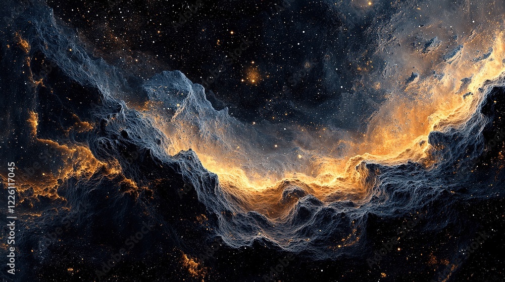 Poster exploring cosmic phenomena deep space digital art nebula environment wide angle astrophysics concept