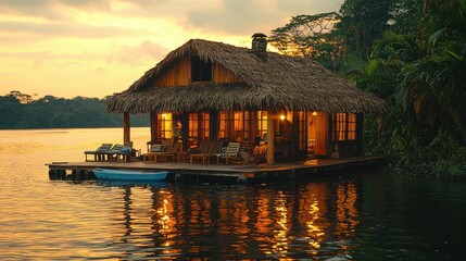 Fototapeta premium Sunset Overwater Bungalow Tropical Paradise Getaway