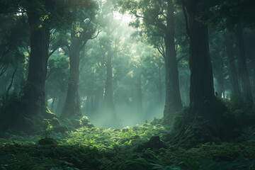 Fototapeta premium A Dense Forest Filled with Towering Trees and Lush Greenery Perfect for Nature Enthusiasts