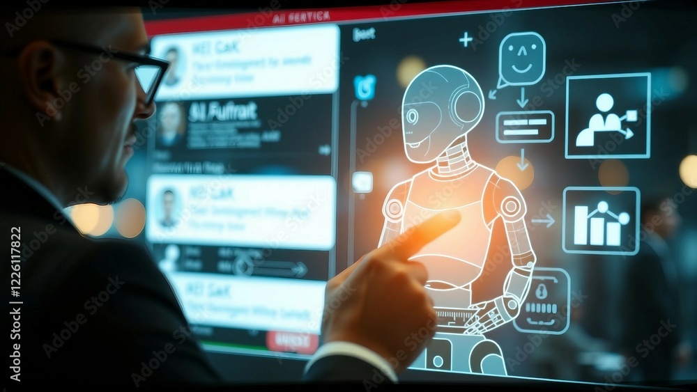 Poster businessman uses ai software technology for business tasks and daily life ai chat and command prompt