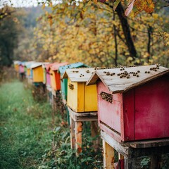 Beehive maintenance in colorful apiary autumn landscape photography serene environment close-up view nature's beauty