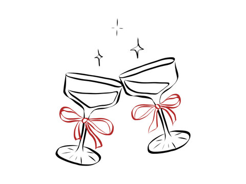 Glass of champagne or wine. Hand drawn line art of coquette aesthetic element. Drink with ribbon and bow in crayon and sketch. La dolce vita italian style. Doodle vector illustration