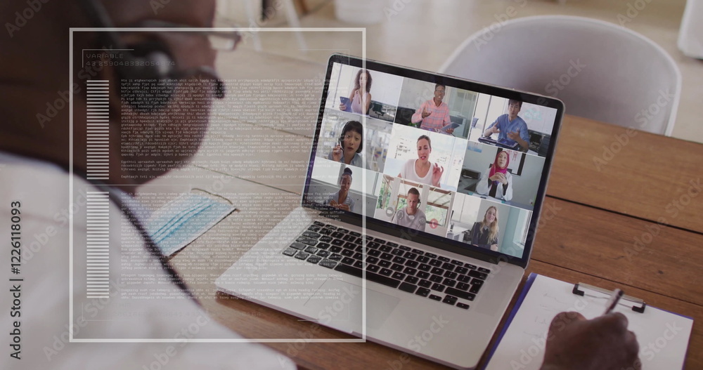 Aufkleber image of data processing and diagram over diverse colleagues having video call in office