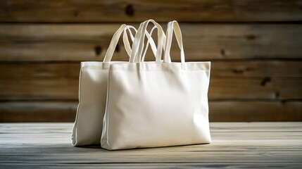 Reusable canvas tote bags on wooden table promoting sustainable lifestyle and eco-friendly choices for earth day and reducing environmental pollution