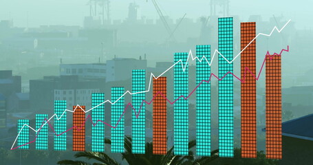 Image of diagrams moving over cityscape