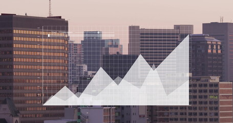 Image of data processing and diagram over cityscape