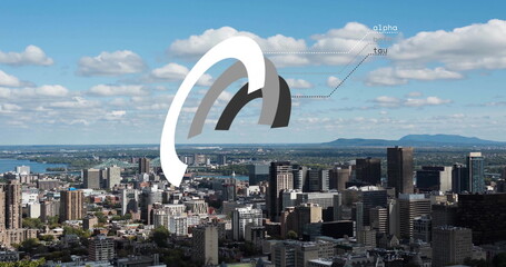 Image of data processing and scope scanning over cityscape