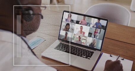 Image of data processing and diagram over diverse colleagues having video call in office