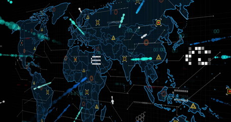Image of digital data processing over world map on black background