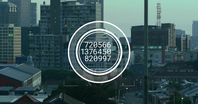 Image of data processing in circle over cityscape