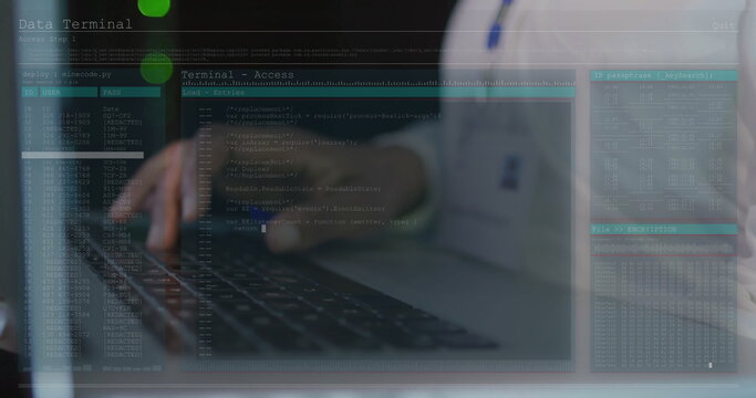 Image of data processing over african american man using laptop
