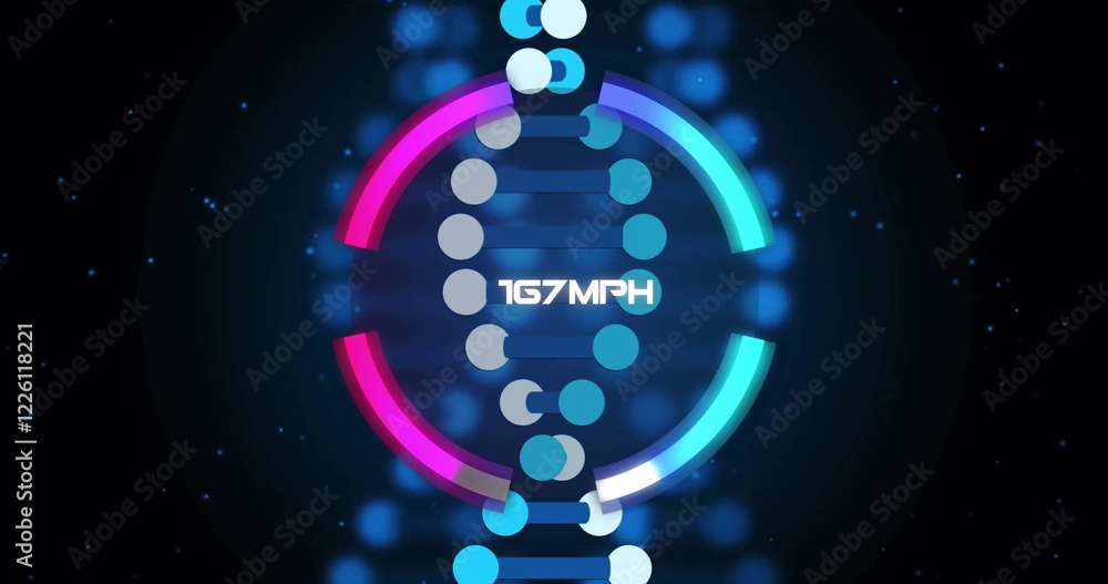 Aufkleber image of speedometer interface with increasing speed over dna strand on black background