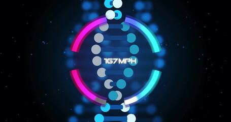 Image of speedometer interface with increasing speed over dna strand on black background