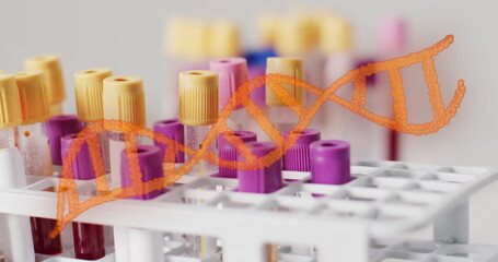 Image of orange dna strand over blood sample test tubes in rack