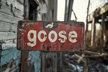 Aged and Weathered Sign Depicts Goose Motif Amidst a Rustic Background Near a Dilapidated Structure in a Rural Setting During Daytime