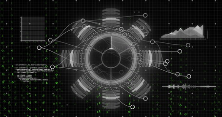 Digital data processing and analysis image over futuristic interface with graphs and codes