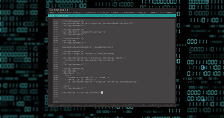 Image of binary data and text processing on interface with grey and black background