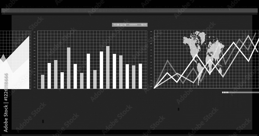 Poster image of white graphs and charts processing data on black background
