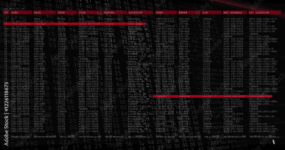 Poster image of red lines and white cursors over data processing on black background