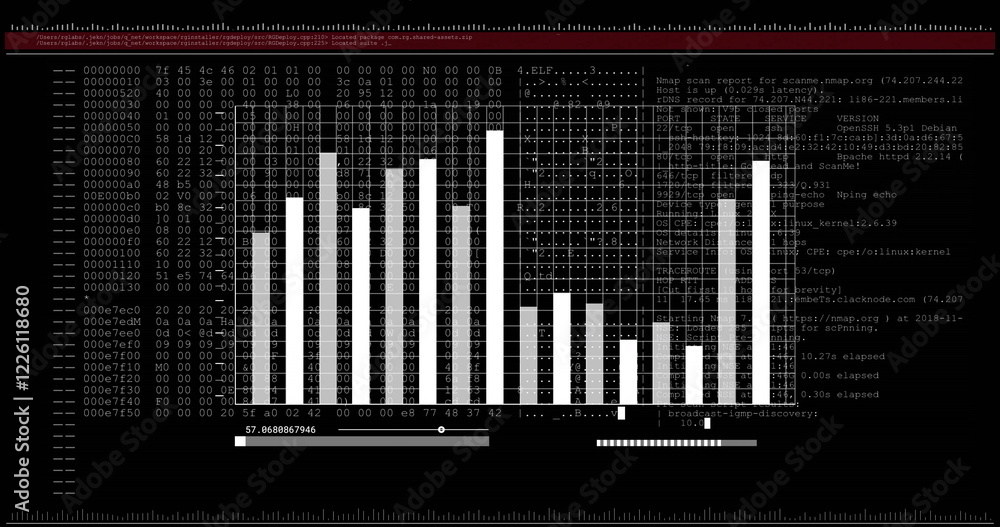 Poster image of white graph over data processing on black background