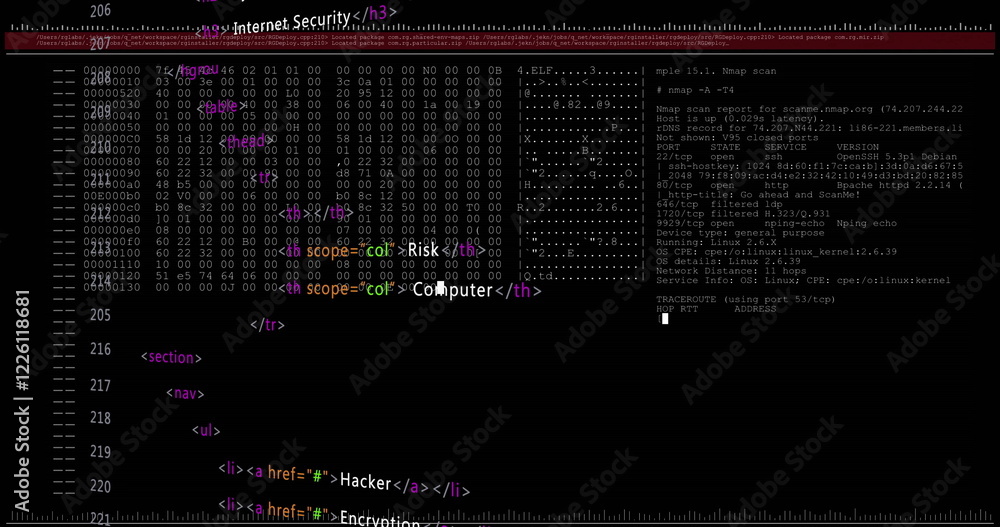Poster image of red lines and security warnings over data processing on black background