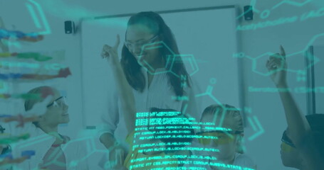 Image of elements and data over diverse female teacher and schoolchildren in science class