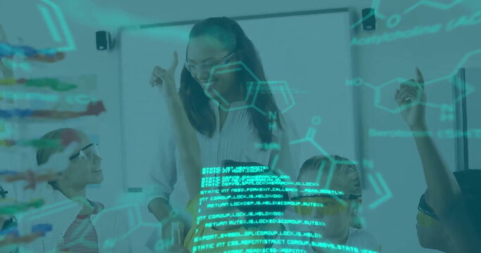 Image of elements and data over diverse female teacher and schoolchildren in science class