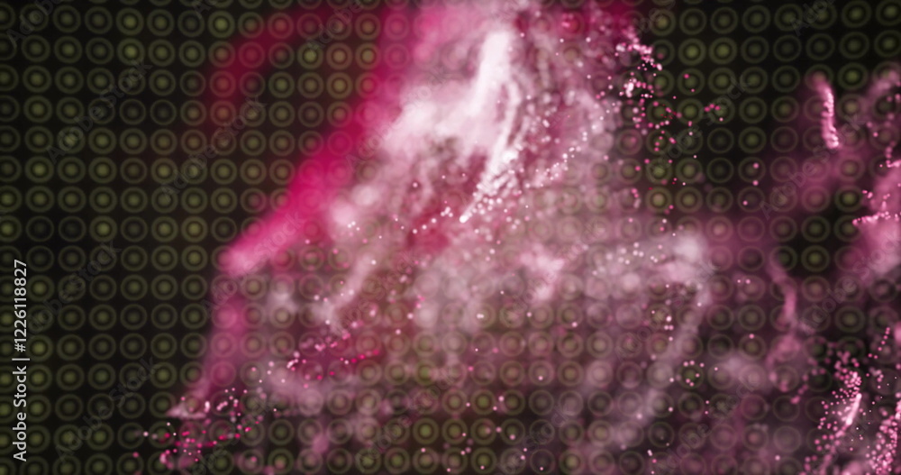 Poster image of glowing light trails moving over pattern on black background