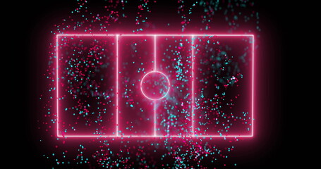 Image of glowing light trails moving over sports field on black background