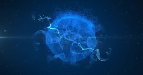 Image of globe with glowing light trails moving over black background