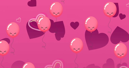 Image of heats and balloons floating on pink background