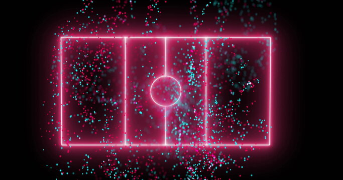 Image of glowing light trails moving over sports field on black background