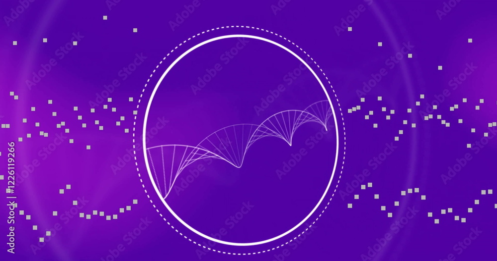 Poster image of dna and data processing over purple background