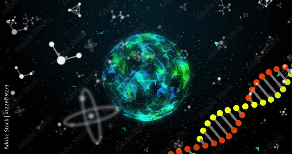 Aufkleber image of dna and data processing over globe on black background