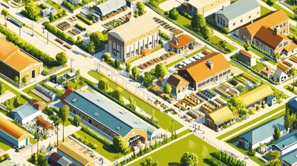 Obraz premium Aerial View of a Picturesque Botanical Garden Complex: Isometric Illustration of Lush Greenery, Buildings, and Flowerbeds.