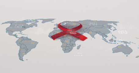 Image of red ribbon and data processing over world map on white background